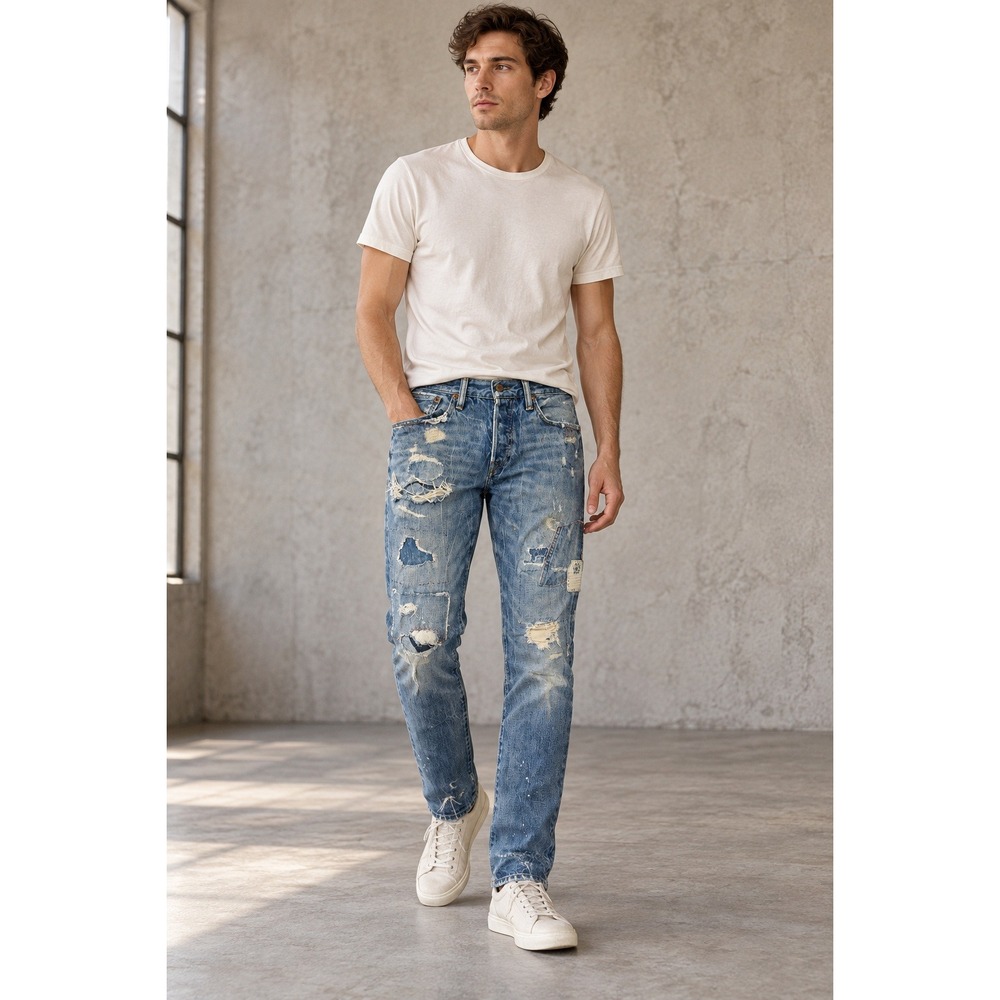 Polo Ralph Lauren Sullivan Slim Distressed Repaired Patchwork Jeans Blue 32x31